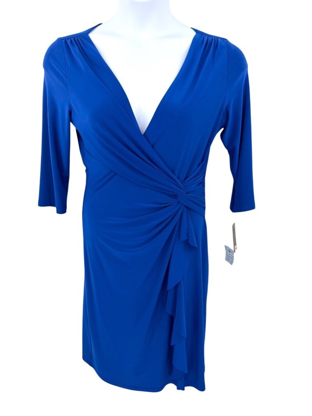 NWT Cartise Royal Blue 3/4 Sleeve Faux Wrap Dress With Ruffle Detail Size 6